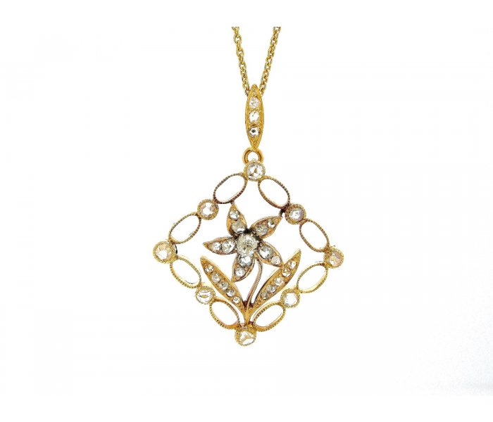 Victorian Rose cut diamonds pendant with Victorian chain 14K yellow gold Circa 1890